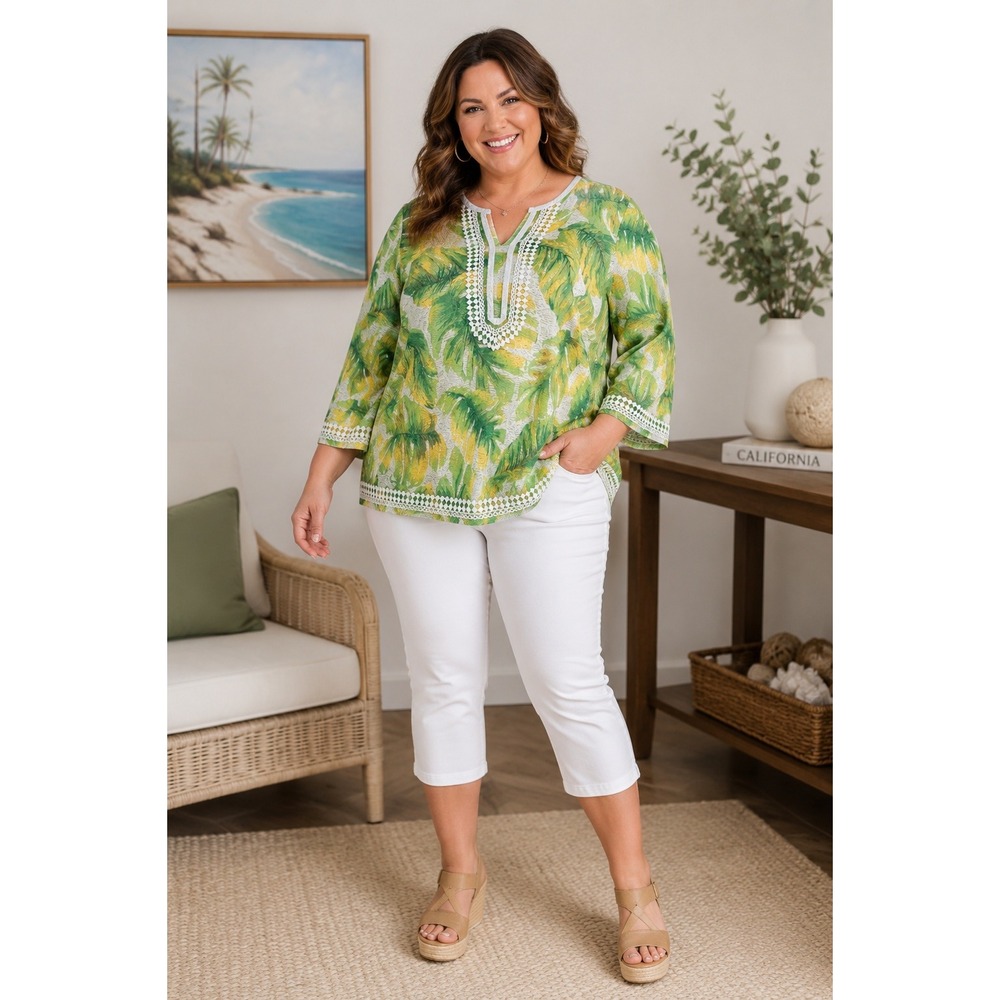 Alfred Dunner Tropical Top Womens PXL Palm Leaf Crochet Trim Resortwear Vacation